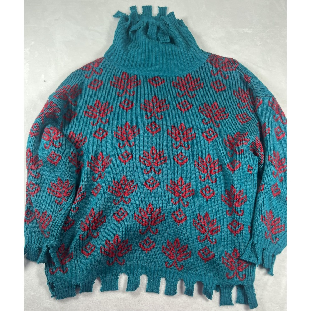 Floral Pattern Turtleneck Sweater Womens Medium Teal Red Fringe Hem Chunky Knit